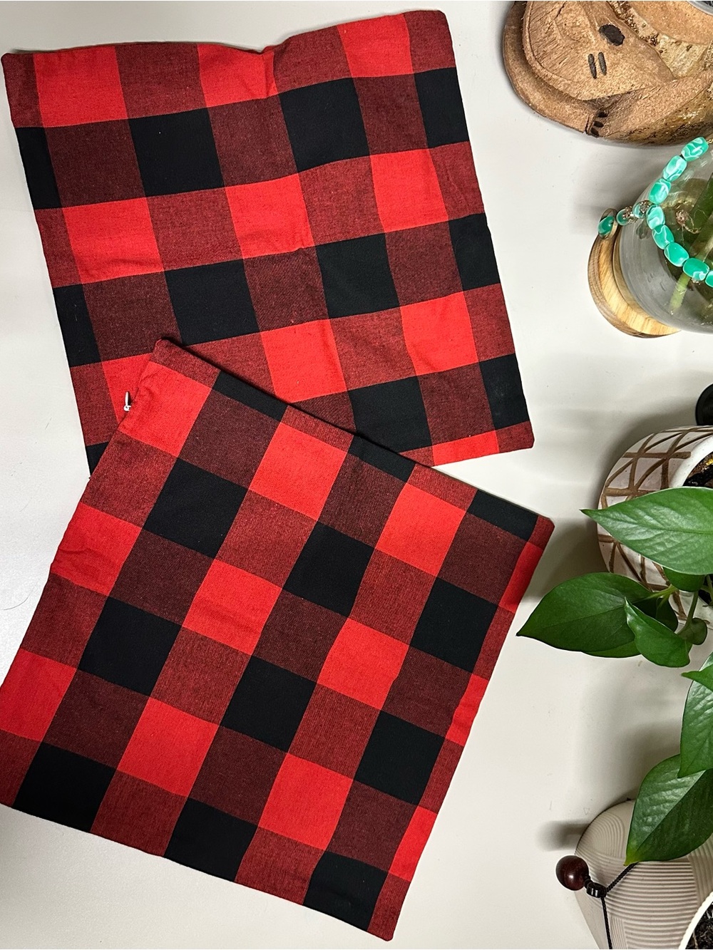 Buffalo Check Throw Pillow Pair - Red & Black 12x12” small covers only